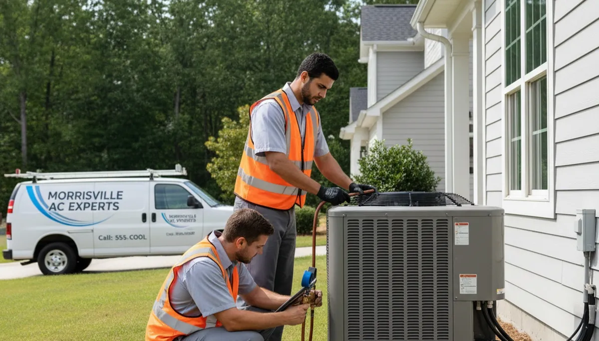 Professional AC repair technician servicing air conditioner unit in Raleigh, NC