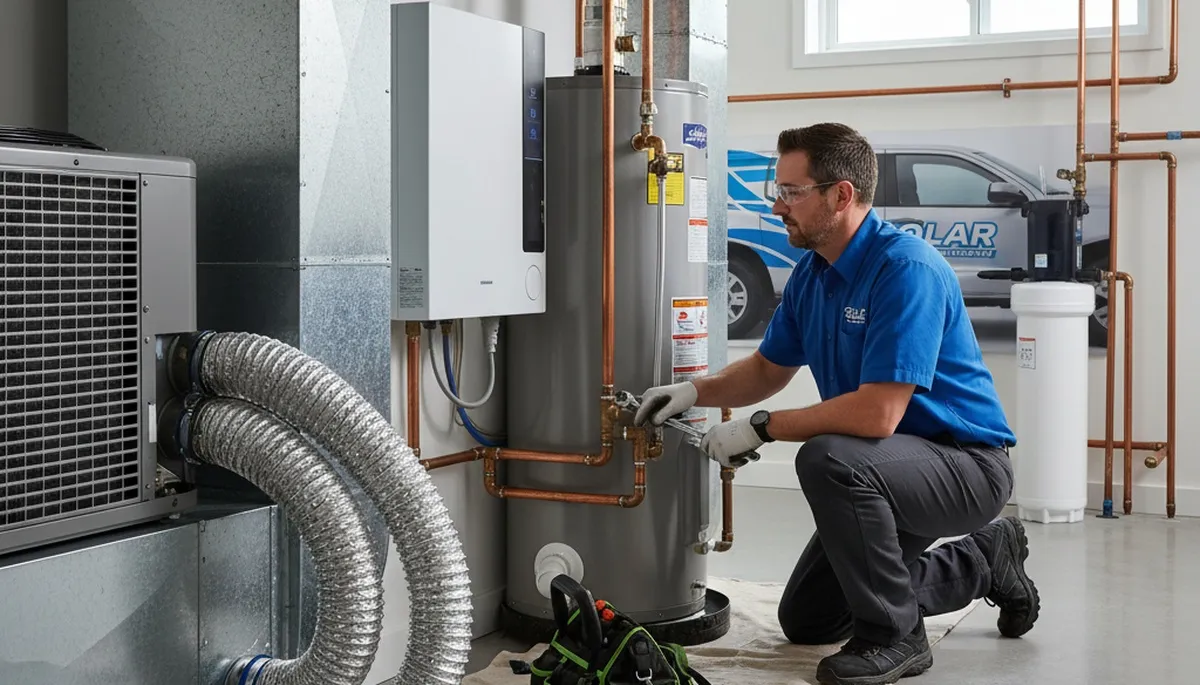 Licensed plumber fixing water heater in Raleigh NC home for Five Star Cooling plumbing services