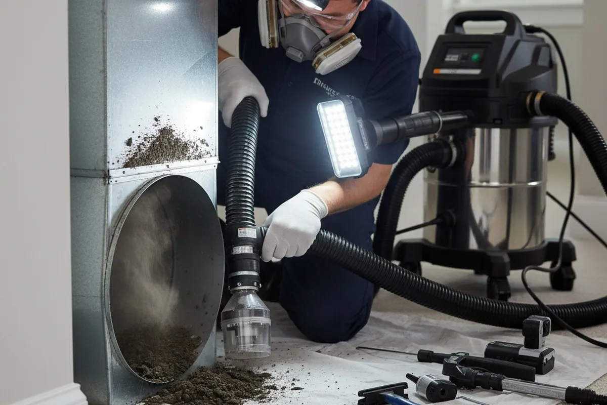 Technician performing detailed air duct cleaning with precision tools at a Raleigh NC home HVAC system